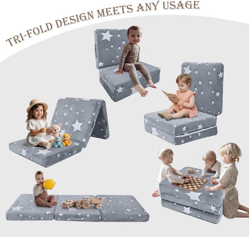 MeMoreCool Foldable Floor Mattress for Kids, Glow Star Trifold Mat, Kids Folding Mattress Portable Futon, 75x25 Inch Grey - Image 3